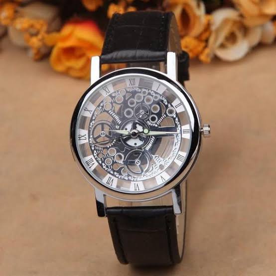 Men's Skeleton Watch – Black Strap, Silver Dial"