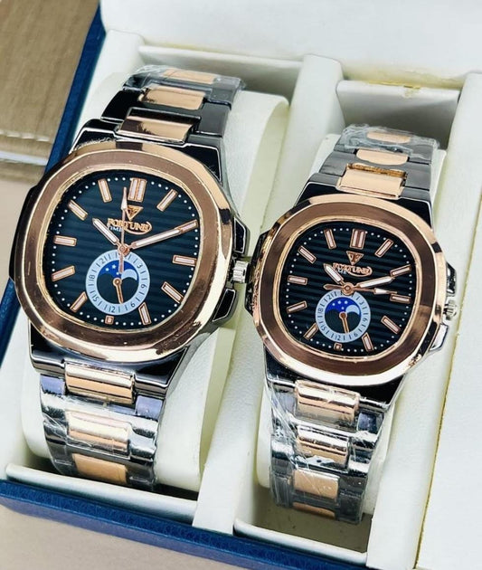 Stylish couple watches set - 2 pcs quartz chronograph in Rose Gold