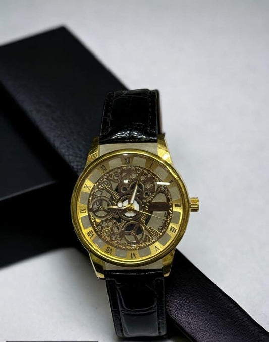 "Stylish Skeleton Watch for Men – Black Leather with Gold Gears"