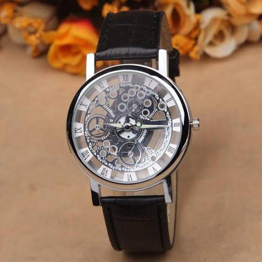 Men's Skeleton Watch – Black Strap, Silver Dial"
